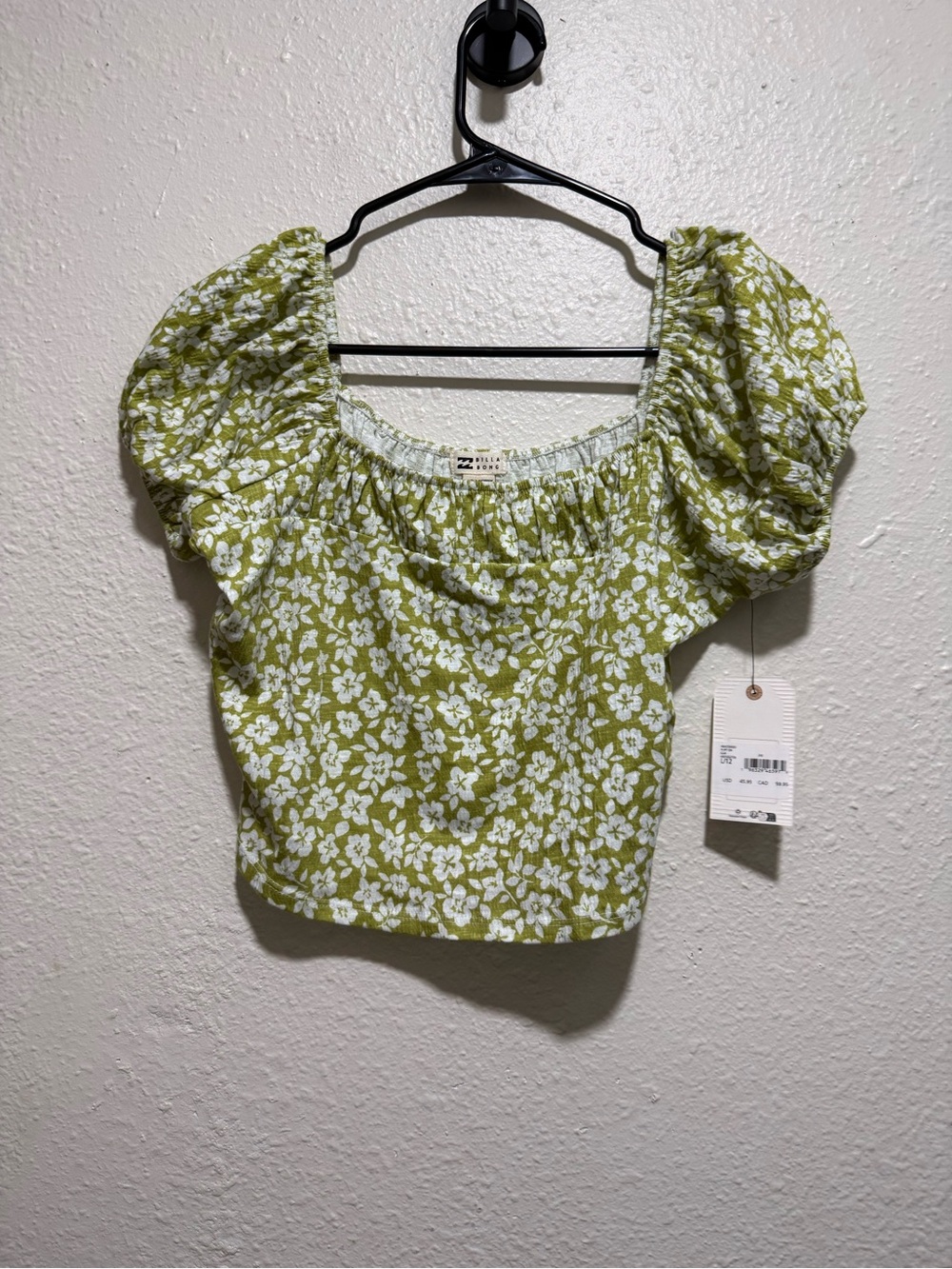 Billabong Olive Green Floral Puff Sleeve Crop Top